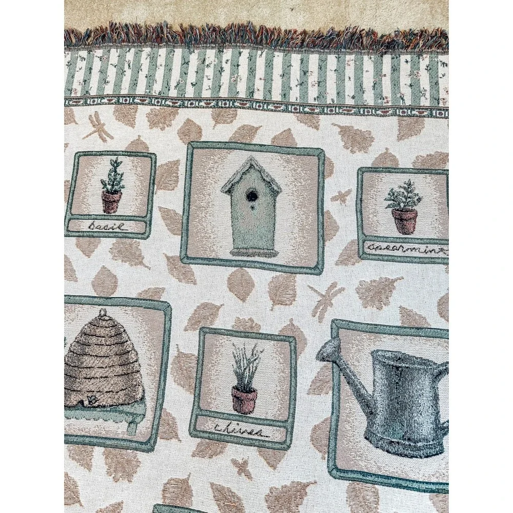Vintage Pfaltzgraff Naturewood Woven Throw Blanket Afghan Birdhouse Garden 49x60